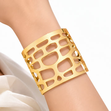 PRAO Bracelet Anti-Tarnish Mosaic Cutout Wide Cuff (Adjustable Size)