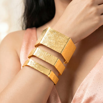 PRAO Bracelet Anti-Tarnish Floral-Etched Multi-Band Cuff (Adjustable Size)