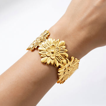 PRAO Bracelet Anti-Tarnish Sculpted Floral Cuff (Adjustable Size)