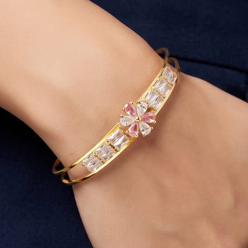 PRAO Bracelet Anti-Tarnish Double-Band Floral Stone Bangle With Rectangular Crystal Accents (Adjustable Size)