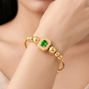 PRAO Bracelet Anti-Tarnish Emerald-Cut Green Stone Bangle With Octagonal Crystal Border (Adjustable Size)