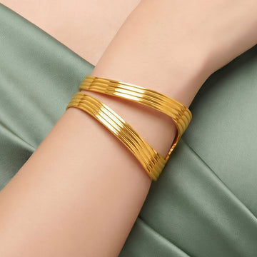 PRAO Bracelet Anti-Tarnish Wide Ribbed Metallic Bangles (Adjustable Size)