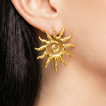 PRAO Earrings Anti-Tarnish Radiant Sunburst With Spiral Center