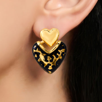 PRAO Earrings Anti-Tarnish Heart-Shaped Leopard Print Studs