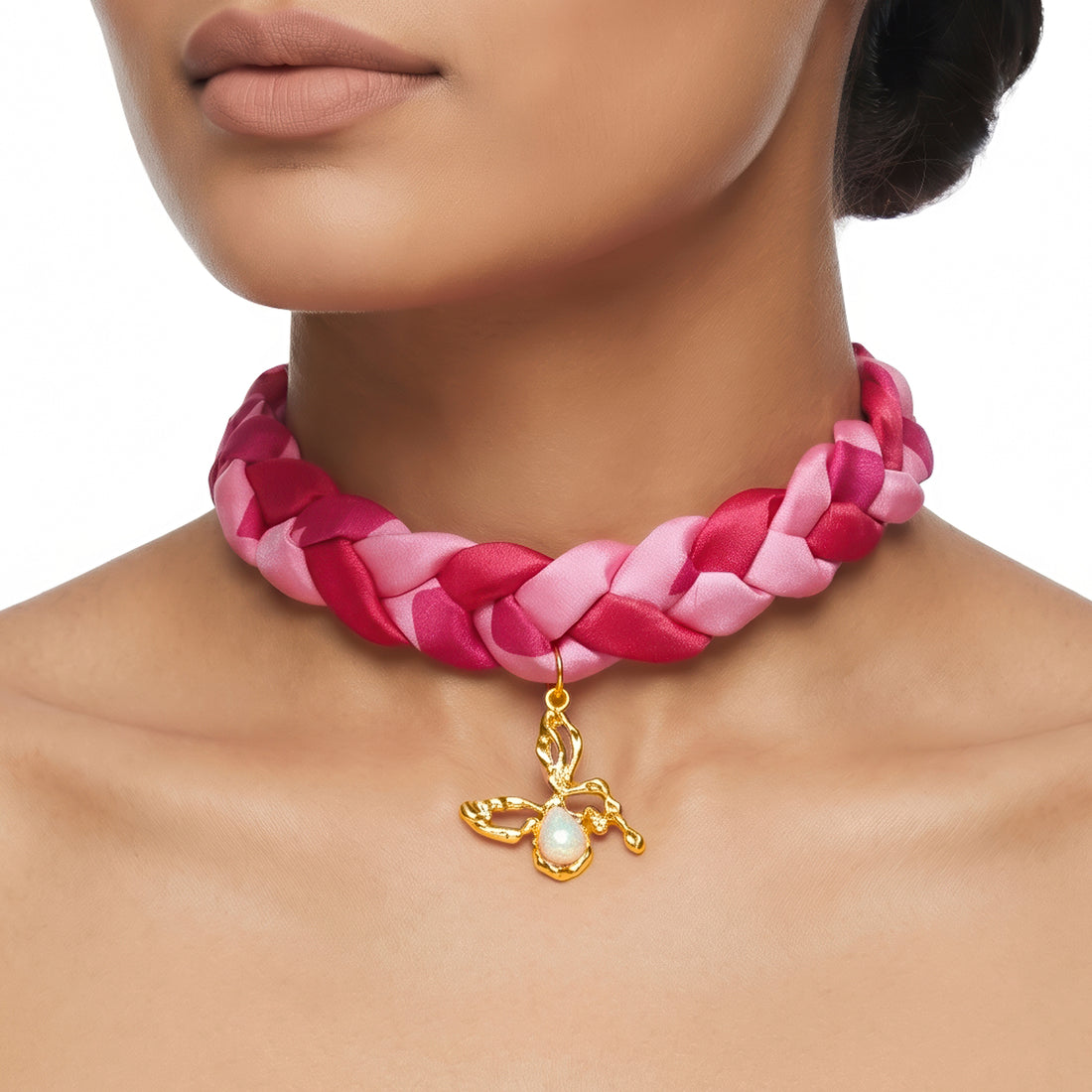 PRAO Necklace Anti-Tarnish Braided Pink And Red Fabric With Butterfly Pendant And Central Gemstone