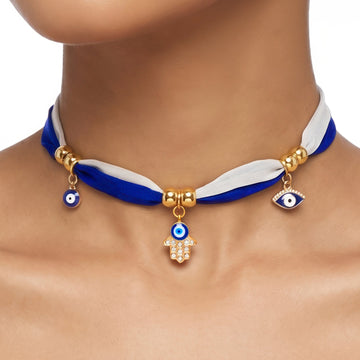 PRAO Necklace Anti-Tarnish Blue And White Fabric With Beads And Evil Eye Charms