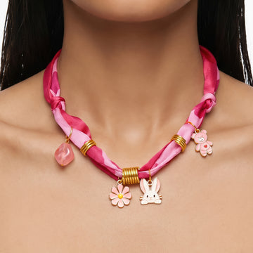 PRAO Necklace Anti-Tarnish Vibrant Braided Pink Fabric Choker With Rabbit, Bear And Flower Charms