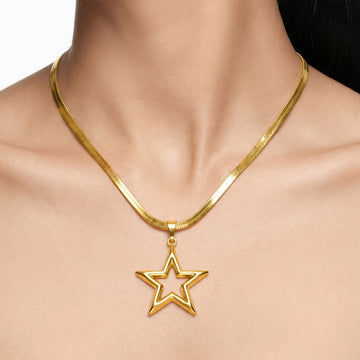 PRAO Necklace Anti-Tarnish Open Star Pendant Herringbone Chain
