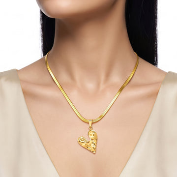 PRAO Necklace Anti-Tarnish Textured Heart Pendant Herringbone Chain