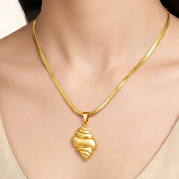 PRAO Necklace Anti-Tarnish Spiral Seashell Pendant Herringbone Chain