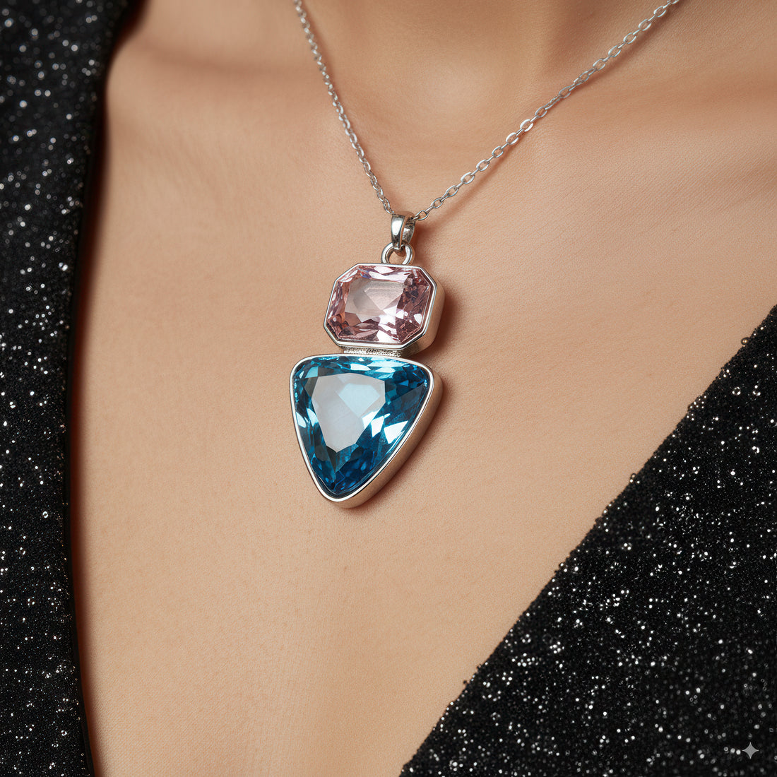 PRAO Anti-Tarnish Rectangle & Triangle Pendant Necklace with Earrings