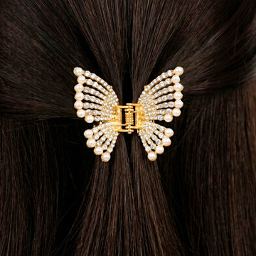 PRAO Hair Claw Clip Anti-Tarnish Butterfly Rhinestone Pearl Design