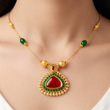PRAO Necklace Anti-Tarnish Green Bead Accent With Textured Triangular Pendant And Red Enamel