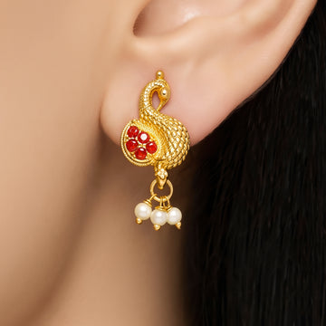 PRAO Earrings Anti-Tarnish Textured Peacock Studs With Pearl Dangles And Red Stone Accents