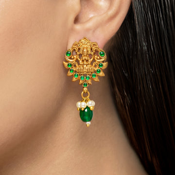 PRAO Earrings Anti-Tarnish Lakshmi Green Stone Pearl Dangles