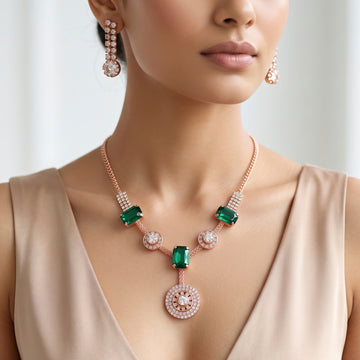 PRAO Necklace Anti-Tarnish Emerald Stone Chain Set With Earrings