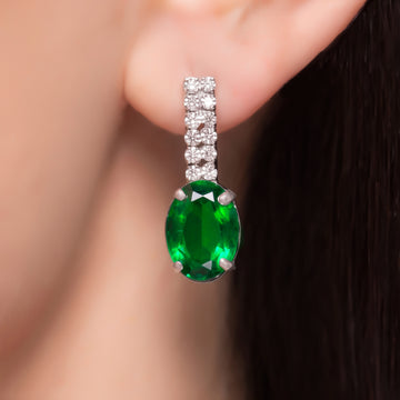 PRAO Earrings Anti-Tarnish Oval Green Gemstone Dangles With Double Crystal Rows
