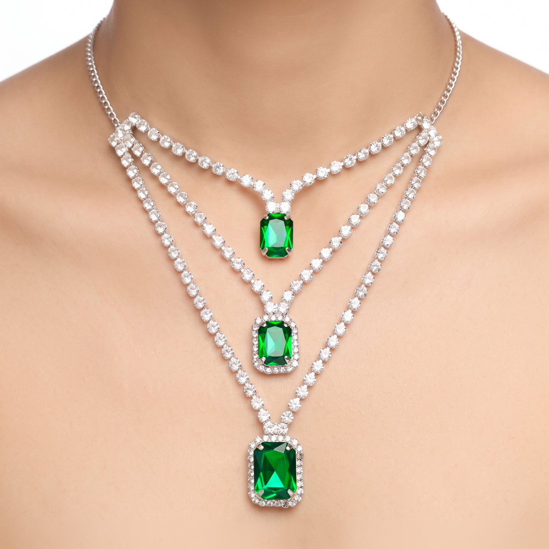 PRAO Necklace Anti-Tarnish Triple-Layered Chain With Emerald-Cut Green Gemstones