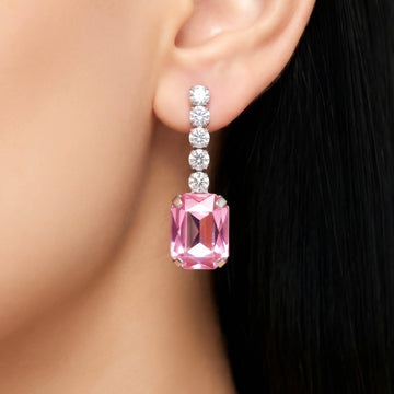 PRAO Earrings Anti-Tarnish Rose Pink Rectangular Crystal Dangles