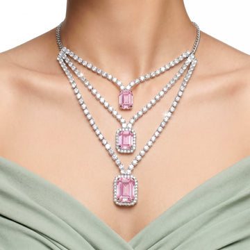 PRAO Necklace Anti-Tarnish Tiered Crystal Chain With Emerald-Cut Pink Stones