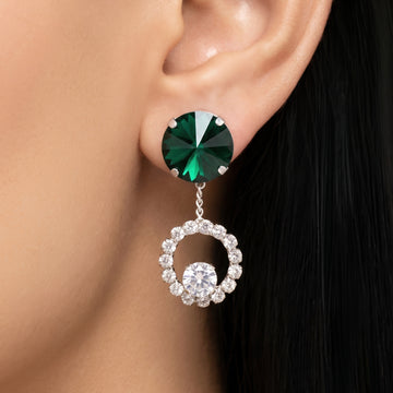 PRAO Earrings Anti-Tarnish Dark Green Studs With Crystal Open Circle