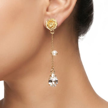 PRAO Earrings Anti-Tarnish Rose Dangles With Pearls And Teardrop Crystal
