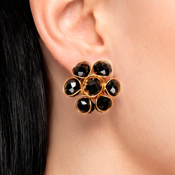 PRAO Earrings Anti-Tarnish Black Crystal Flower Studs