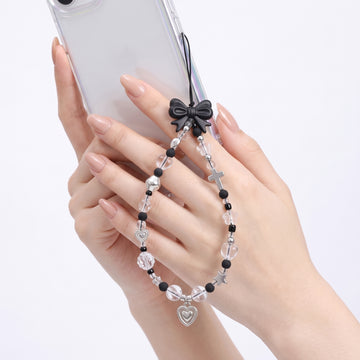 PRAO Mobile Charms Beaded With Black Bow And Monochrome Heart, Star, And Cross Charms