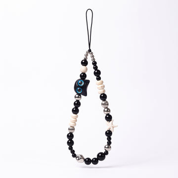 PRAO Mobile Charms Black Cat Phone Charm Strap With Blue Eyes And Textured Beads