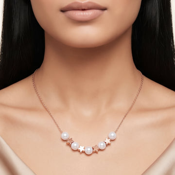 PRAO Necklace Anti-Tarnish Delicate Chain With Alternating Faux Pearls And Star Charms