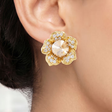 PRAO Earrings Anti-Tarnish Champagne Crystal Flower Minimalist