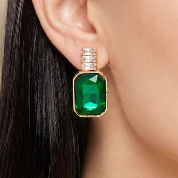 PRAO Earrings Anti-Tarnish Baguette Chain & Emerald Crystal Dangles