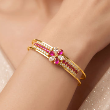 PRAO Bracelet Anti-Tarnish Double-Band Floral Stone Bangle With Pavé Crystal Accents (Adjustable Size)
