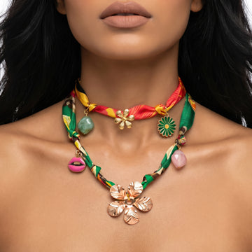 PRAO Necklace-Cum-Bracelet Anti-Tarnish Layered Printed Fabric Colorful With Golden Flower Charm