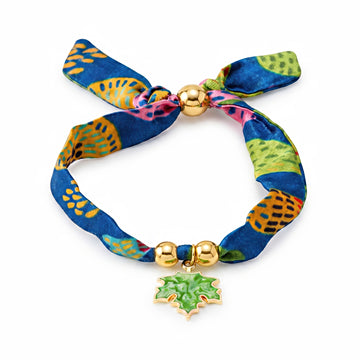 PRAO Bracelet Anti-Tarnish Vibrant Blue Fabric With Leaf Charm (Adjustable Size)