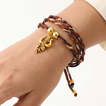 PRAO Necklace-Cum-Bracelet Anti-Tarnish Braided Brown Cord Choker With Golden Trishula Pendant & Accent Beads