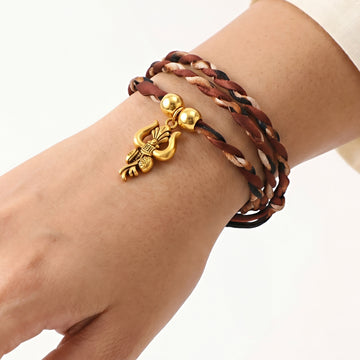 PRAO Necklace Cum Bracelet Anti-Tarnish Braided Brown Cord Choker With Golden Trishula Pendant & Accent Beads