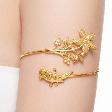 PRAO Arm Cuff Anti-Tarnish Floral Branch & Bird Open Cuff (Adjustable Size)