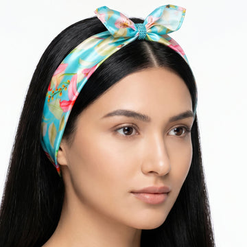 PRAO Scarf Necklace Teal Satin Floral With Slide Ring