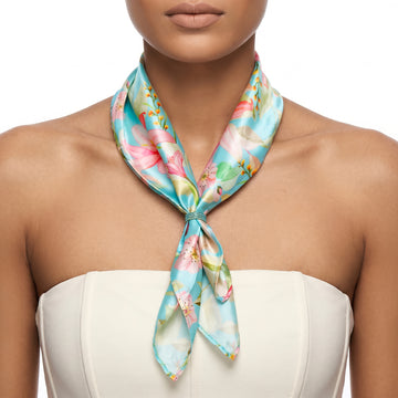 PRAO Scarf Necklace Teal Satin Floral With Slide Ring