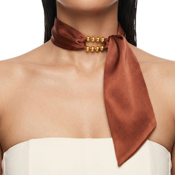 PRAO Scarf Necklace Brown Satin With Gold Beads