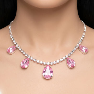 PRAO Necklace Anti-Tarnish Rhinestone Chain With Five Dangling Pink Teardrop Stone Charms