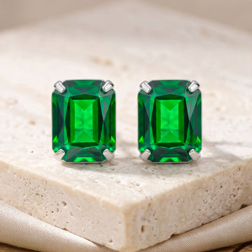 PRAO Earrings Anti-Tarnish Emerald-Cut Green Gemstone Studs