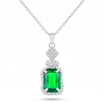 PRAO Necklace Anti-Tarnish Emerald-Cut Green Gemstone Pendant Chain With Crystal Accents