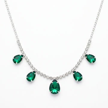 PRAO Necklace Anti-Tarnish Rhinestone Chain With Green Teardrop Pendants