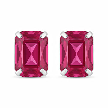 PRAO Earrings Anti-Tarnish Emerald-Cut Fuchsia Pink Gemstone Studs