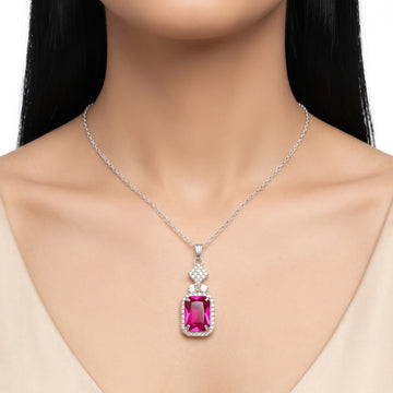 PRAO Necklace Anti-Tarnish Emerald-Cut Fuchsia Pink Gemstone Pendant Chain With Crystal Accents