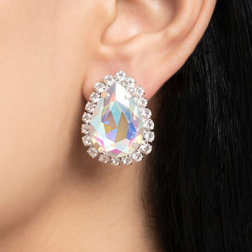 PRAO Earrings Anti-Tarnish Teardrop Iridescent Crystal Studs With Rhinestone Halo