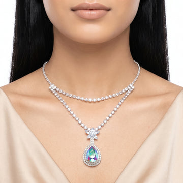 PRAO Necklace Anti-Tarnish Layered Chain With Floral Connector And Iridescent Teardrop Pendant