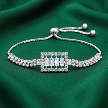 PRAO Bracelet Anti-Tarnish Silver Bolo With Crystal Border and Baguette-Cut Stones (Adjustable Size)